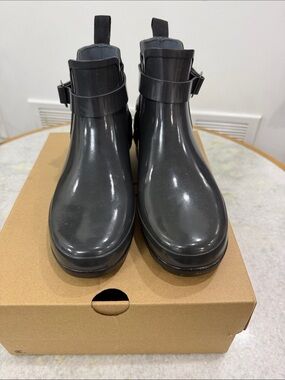 Hunter Glossy Charcoal Chelsea Buckle Rain Booties